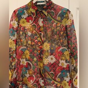 Alice + Olivia Multicolor Floral Sheer Button-Up Blouse